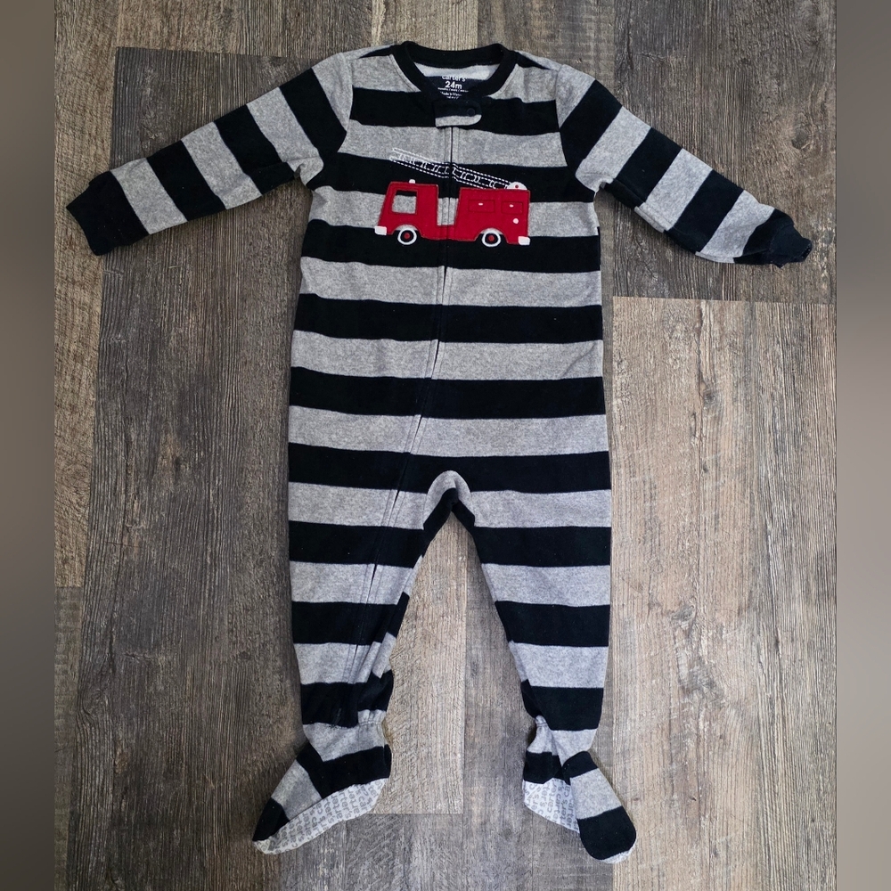 Carter's Blue and Gray Striped Footie with Red Fire Truck SIZE 24 Months